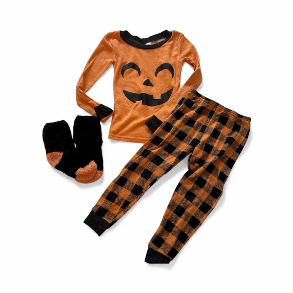 Kids 4T Halloween Pajama Set Pumpkin Buffalo Plaid PJs Socks